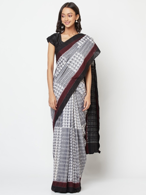 

Fabindia Grey & Red Geometric Ikat Printed Pure Cotton Saree