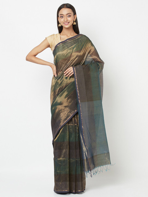 

Fabindia Blue & Green Colourblocked Maheshwari Saree