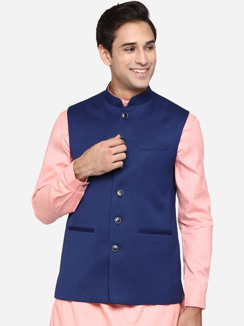 

MODI JACKET Men Navy Blue Solid Woven Nehru Jacket