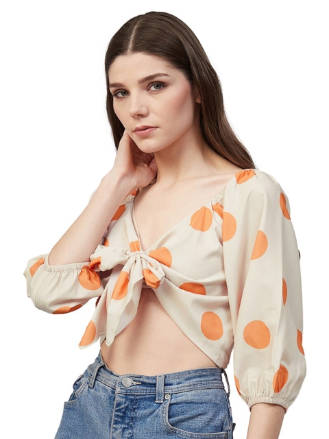 

Orchid Blues Women Off-White Polka Dots Printed Knotted Crop Top