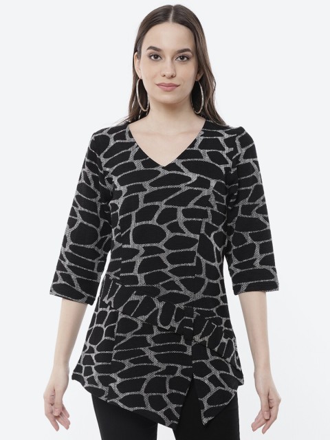 

Kurti's by Menka Black & Grey Animal Regular V-neck Longline Top