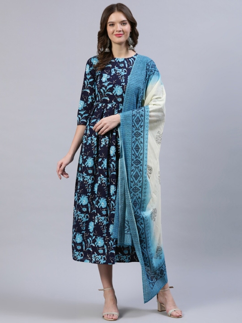 

AASI - HOUSE OF NAYO Navy Blue & White Floral Ethnic A-Line Midi Dress With Dupatta