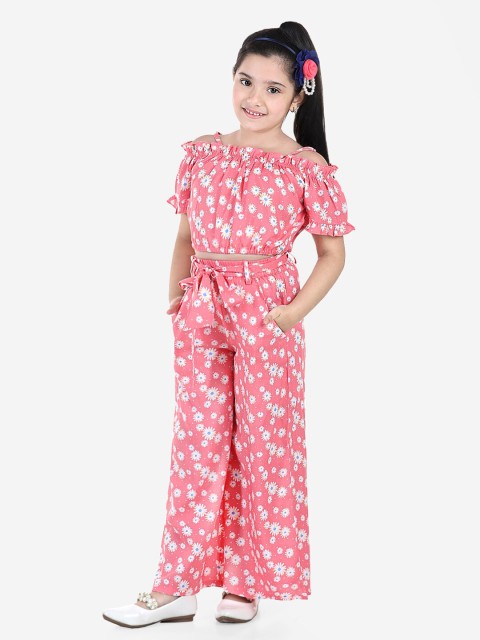 

Naughty Ninos Girls Pink & White Floral Printed Top with Palazzos
