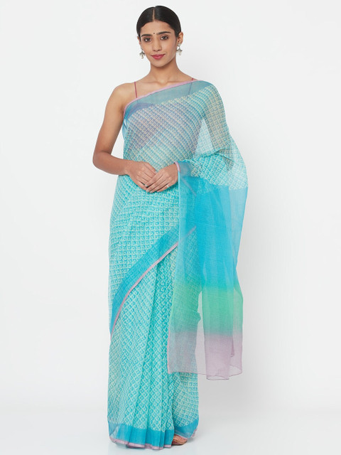 

Fabindia Blue & Green Block Print Saree