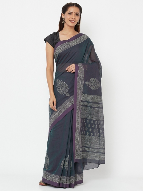 

Fabindia Blue & White Ethnic Motifs Pure Cotton Block Print Saree