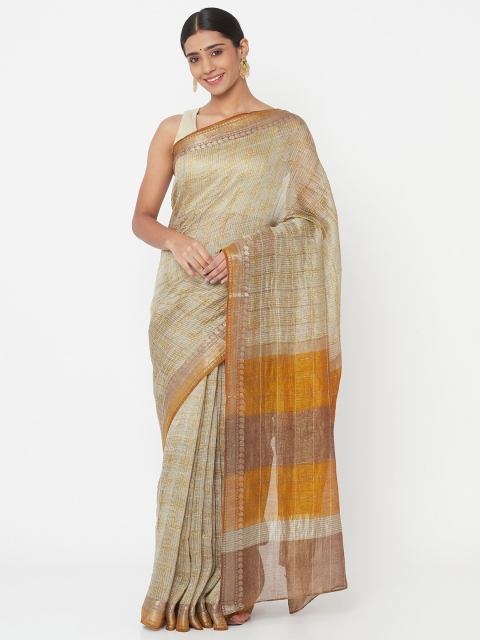 

Fabindia Grey & Yellow Floral Linen Silk Block Print Saree