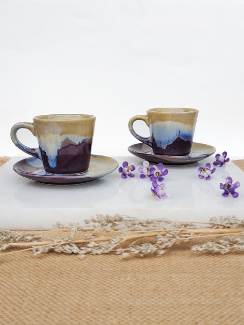 

Folkstorys Purple & Blue Set of 2 Textured Ceramic Glossy Cups and Saucers