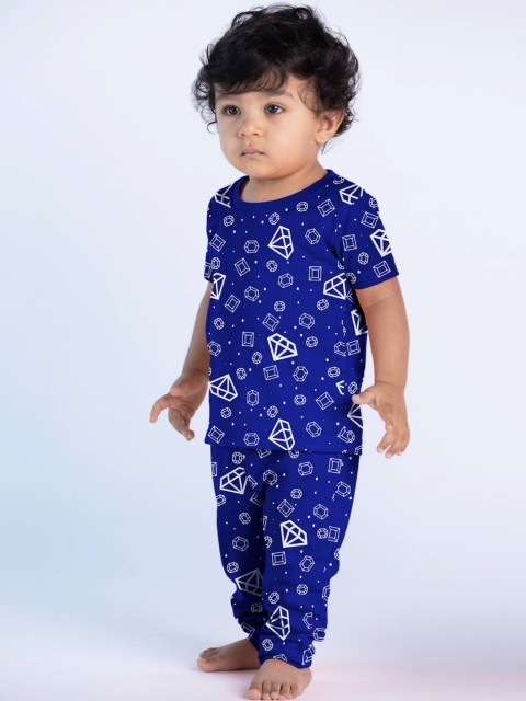 

Cuddles for Cubs Unisex Kids Blue & White Precious Gem Printed Pure cotton Pyjama Set