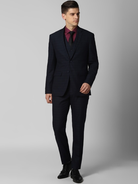 

Peter England Elite Men Navy Blue Checked Single-Breasted Slim-Fit Three-Piece Suit