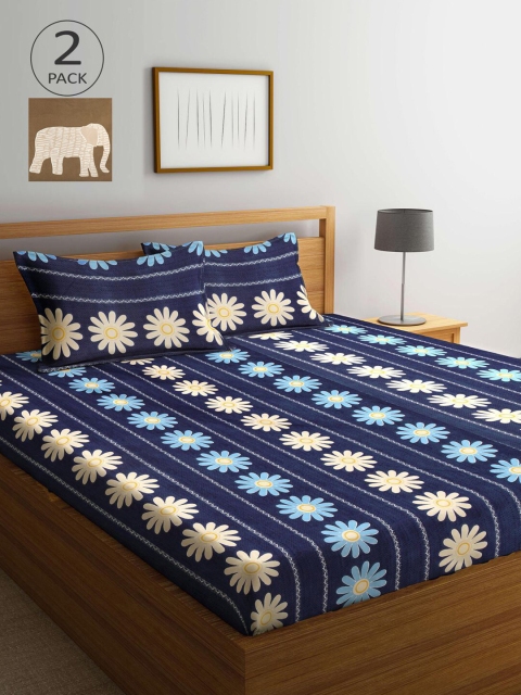 

KLOTTHE Blue & Brown Floral 210 TC 2 King Bedsheet with 4 Pillow Covers