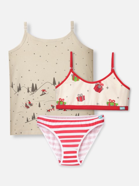 

You Got Plan B Girls Multicolour Christmas Camisole, Training Bra & Underwear Set, Multi
