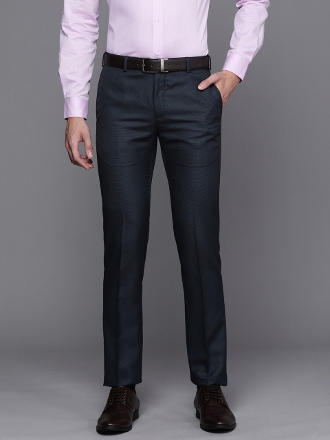 

Raymond Men Navy Blue Slim Fit Self-Design Formal Trousers