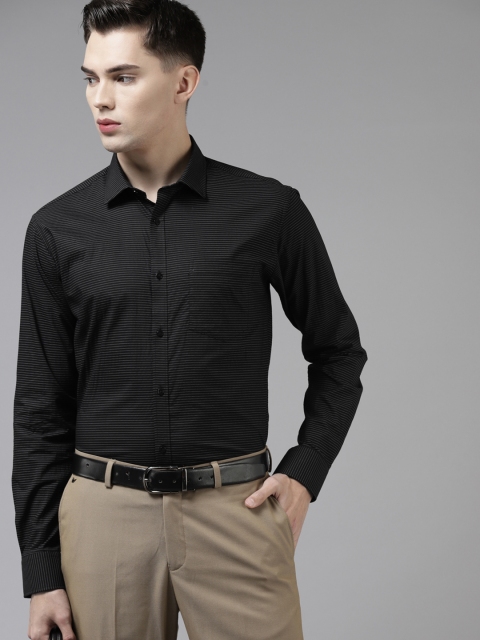 

Park Avenue Men Black & Charcoal Grey Pure Cotton Slim Fit Horizontal Stripes Formal Shirt