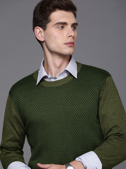 

Raymond Men Olive Green Self Design Pullover Sweater