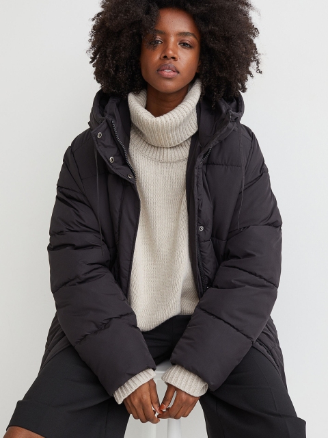 

H&M Women Black Solid Hooded Puffer Coat