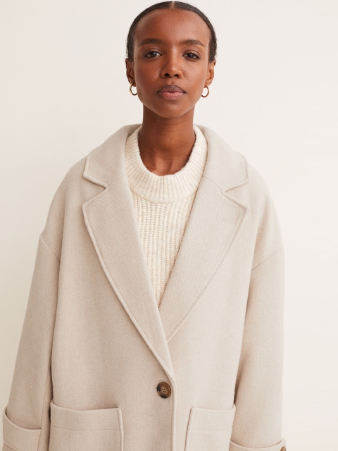 H&M Women Beige Solid Oversized Coat