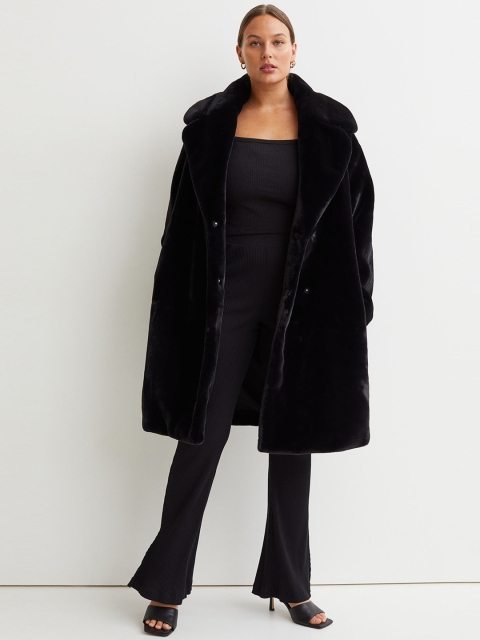 

H&M Women Black Solid Faux Fur Coat
