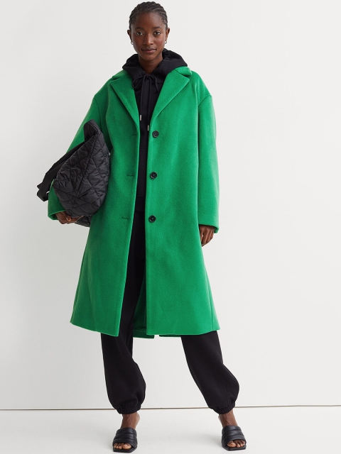 

H&M Women Green Solid Straight-Style Coat