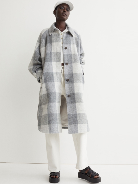 

H&M Women Grey & White Checked Oversized Coat