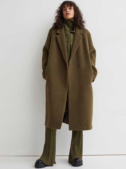 

H&M Women Green Solid Wool-Blend Coat