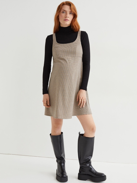 

H&M Women Beige & Black Checked MAMA Pinafore Dress