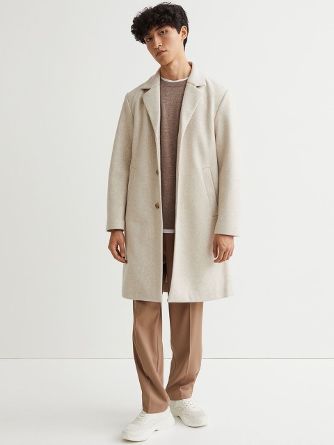 

H&M Men Beige Solid Wool-Blend Coat