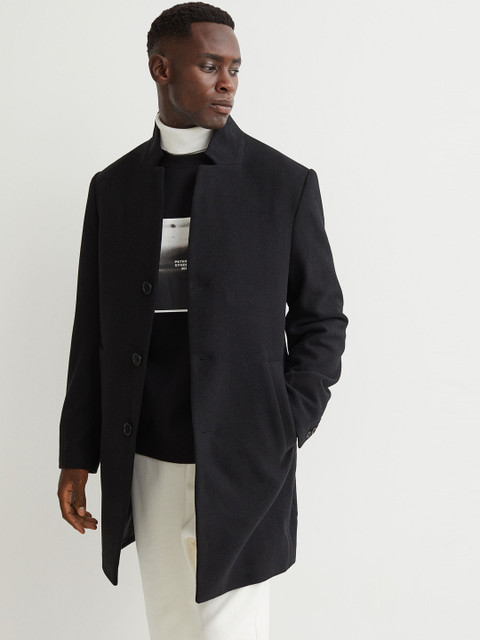 

H&M Men Black Solid Wool-Blend Coat