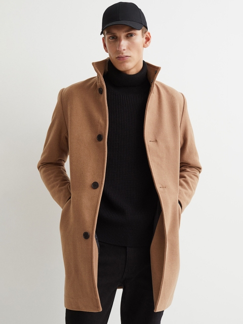 

H&M Men Wool-Blend Funnel-Collar Coat, Beige