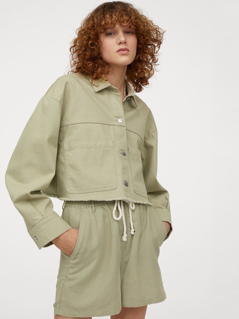 

H&M Women Green Solid Cotton Paper Bag Shorts
