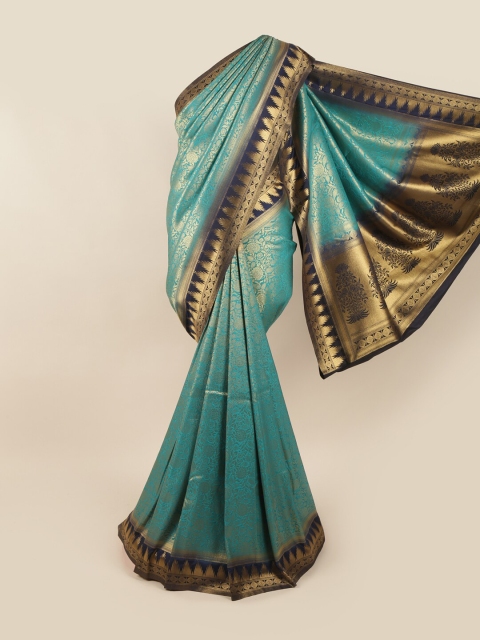 

Pothys Sea Green & Gold-Toned Ethnic Motifs Zari Banarasi Art Silk Saree
