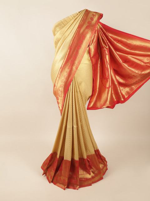 

Pothys Cream-Coloured & Red Ethnic Motifs Zari Art Silk Banarasi Saree