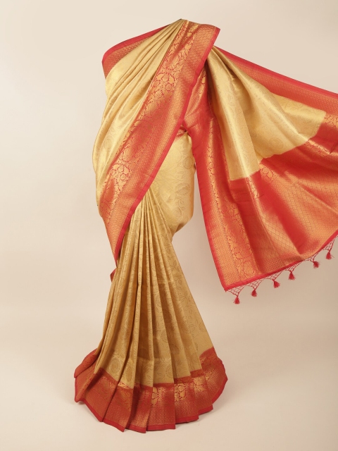 

Pothys Cream-Coloured & Red Ethnic Motifs Zari Art Silk Banarasi Saree