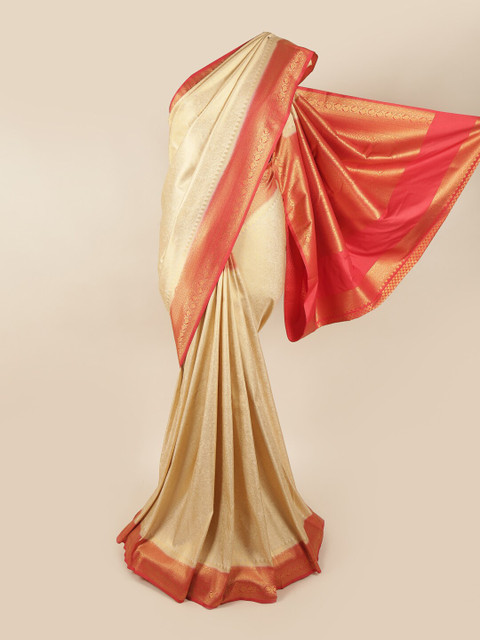 

Pothys Cream-Coloured & Pink Woven Design Zari Art Silk Banarasi Saree