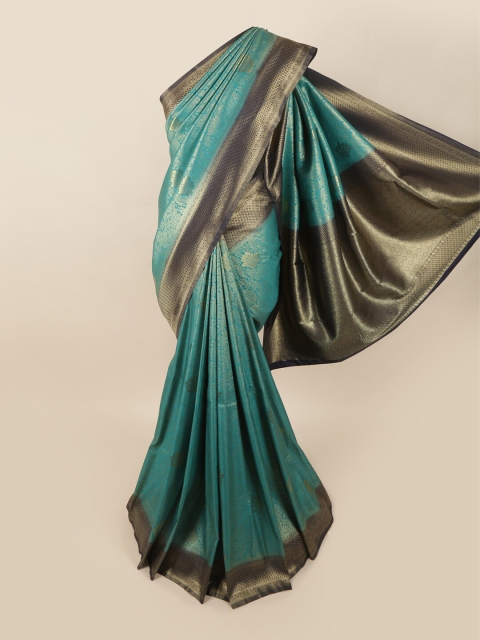 

Pothys Teal & Gold-Toned Ethnic Motifs Zari Art Silk Banarasi Saree