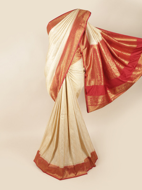 

Pothys Cream-Coloured & Red Floral Zari Art Silk Banarasi Saree