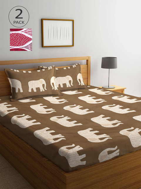 

KLOTTHE White & Brown Geometric 210 TC 2 King Bedsheet with 4 Pillow Covers