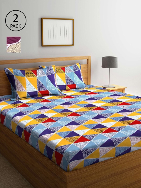 

KLOTTHE Pink & Blue Geometric 210 TC 2 King Bedsheet with 4 Pillow Covers