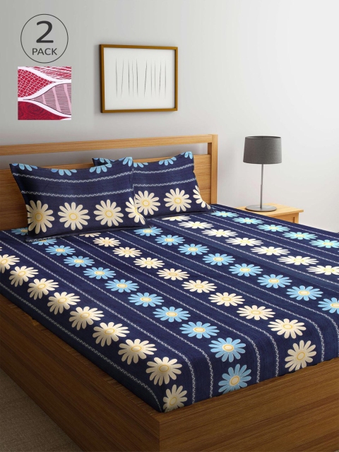 

KLOTTHE Blue & Pink Floral 210 TC 2 King Bedsheets with 4 Pillow Covers