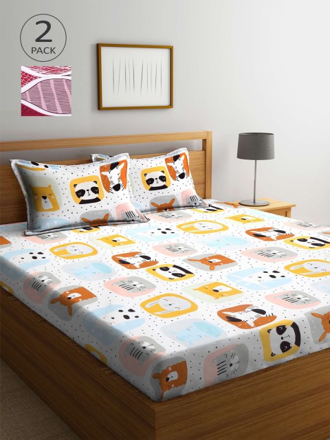 

KLOTTHE White & Maroon Cartoon Characters 210 TC 2 King Bedsheet with 4 Pillow Covers