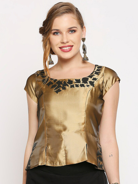 

Ira Soleil Gold-Toned Embellished Block Print Satin Blouson Top