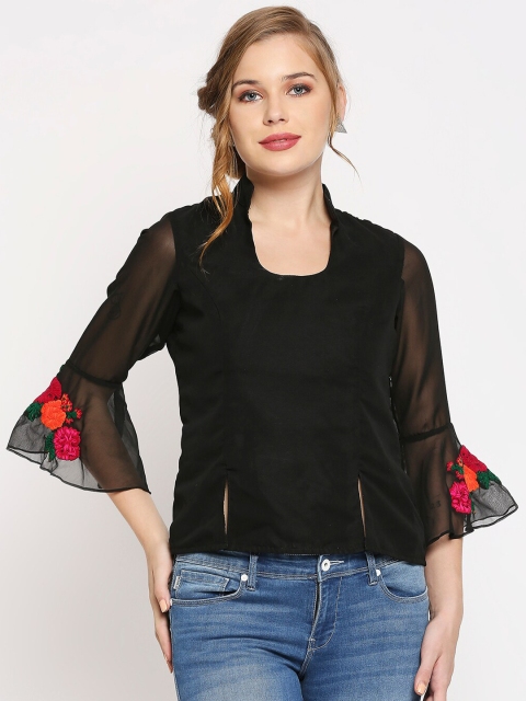 

Ira Soleil Black Floral Embroidered Chiffon Regular Crop Top