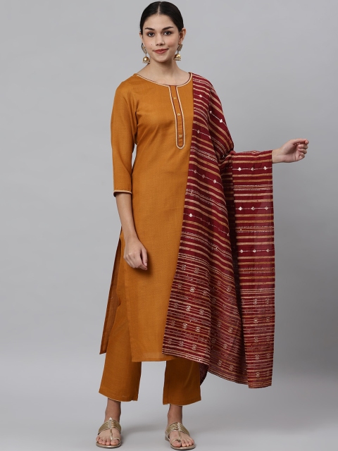 

Os Women Mustard Yellow & Maroon Regular Kurta With Trousers & Dupatta