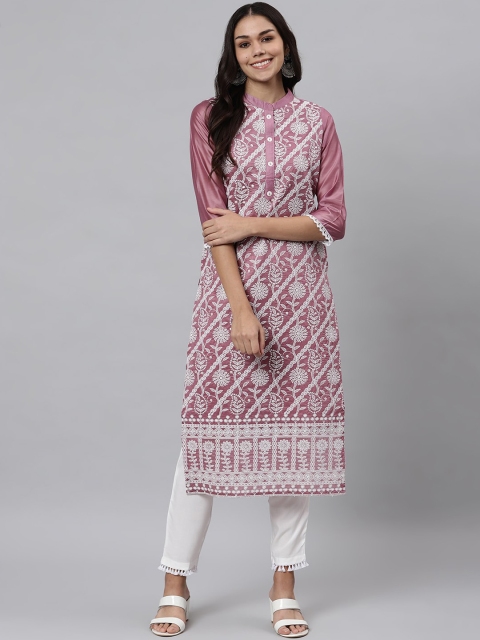 

Os Women Mauve & White Ethnic Motifs Embroidered Chanderi Silk Kurta with Trousers