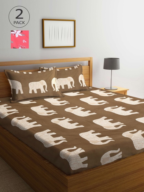 

KLOTTHE Pink & Taupe Floral 210 TC 2 King Bedsheet with 4 Pillow Covers