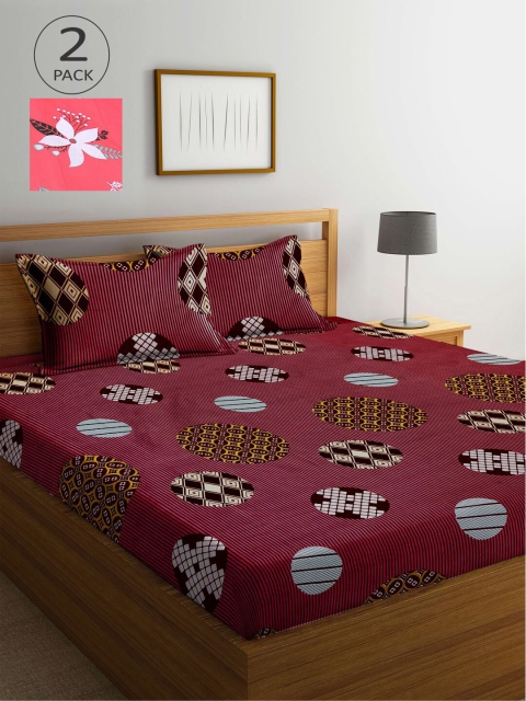 

KLOTTHE Maroon & Pink Floral 210 TC 2 King Bedsheets with 4 Pillow Covers