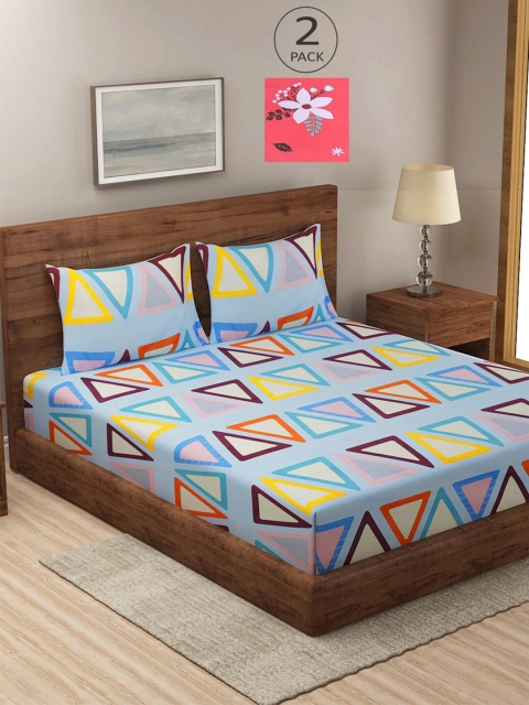 

KLOTTHE Pink & Blue Geometric 210 TC 2 King Bedsheet with 4 Pillow Covers