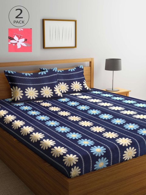 

KLOTTHE Pink & Blue Floral 210 TC 2 King Bedsheet with 4 Pillow Covers