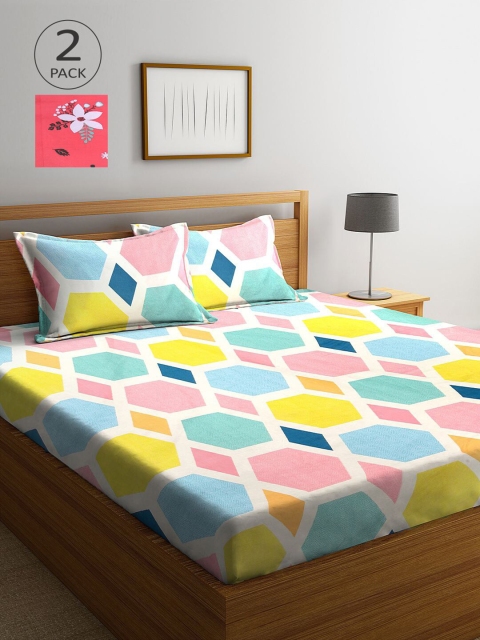 

KLOTTHE White & Pink Geometric 210 TC 2 King Bedsheet with 4 Pillow Covers