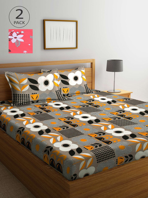

KLOTTHE Grey & Pink Floral 210 TC 2 King Bedsheets with 4 Pillow Covers