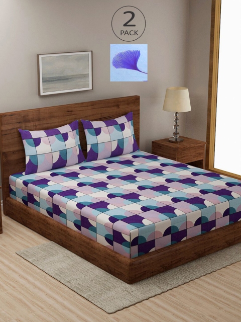 

KLOTTHE Violet & Blue Geometric 210 TC 2 King Bedsheet with 4 Pillow Covers